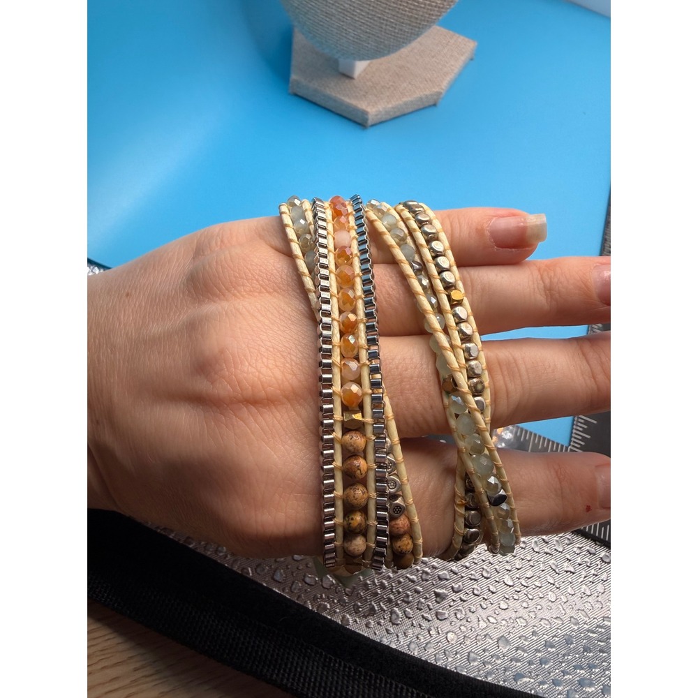 Boho Mixed Stone Leather Wrap Bracelet Heart Clasp Beaded‎ Multi Strand Cream